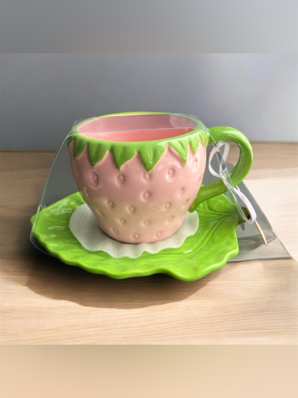 NEW Lang by Design Studio Strawberry Pink and Green Cup Leaf Saucer Hand Painted